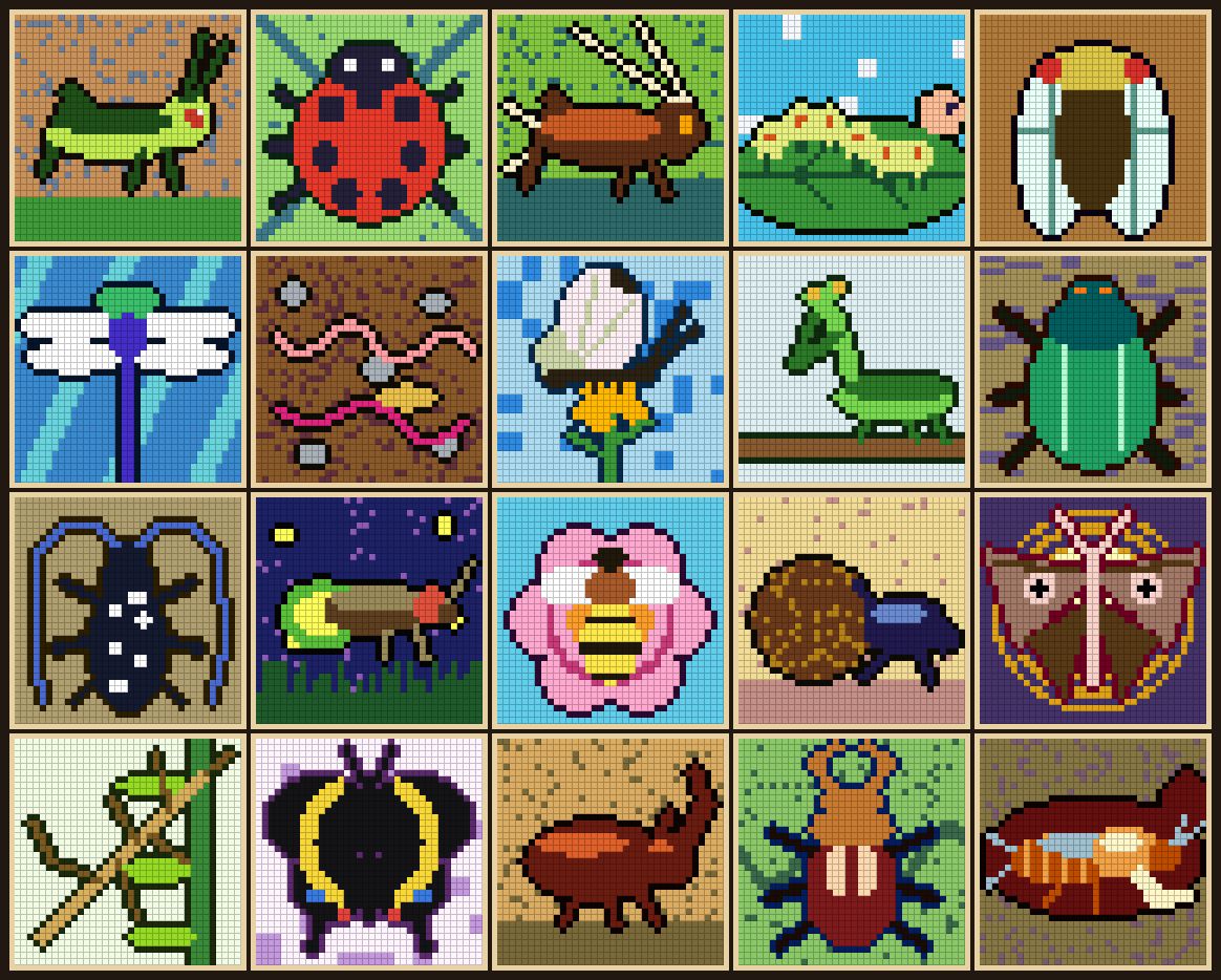 Pixel art of the 20 insects in chapter six